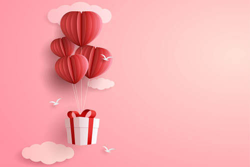 وکتور رایگان EPS لایه باز طرح گرافیکی و کاغذی ویژه روز ولنتاین مناسب برای کارت پستال یا بنر یا پس زمینه شامل بالون کاغذی قلبی و جعبه هدیه همراه با روبان قرمز 